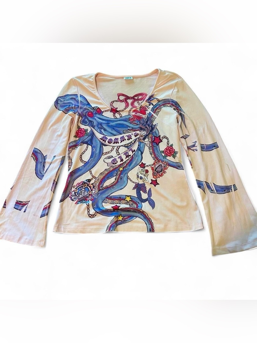 vintage y2k love amour light pink printed long sleeve top with bell sleeves